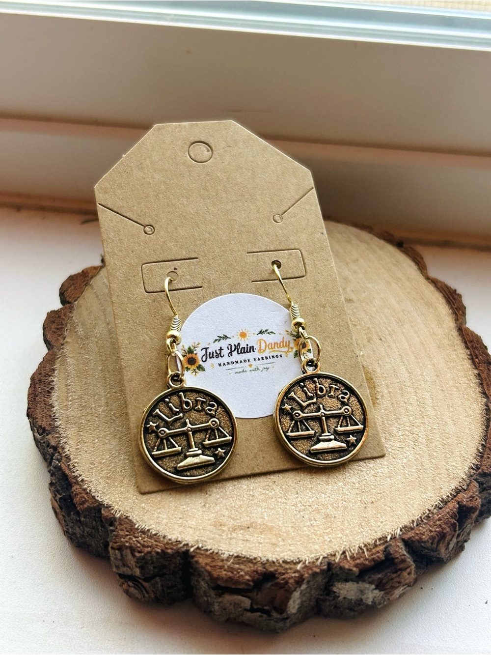 Libra Zodiac Dangle Earrings Gold Bronze Astrology Charm Double Sided